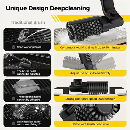 Electric Rotary BBQ Grill Brush, 3-Speed, Stainless Steel Brush Head, 2600mAh