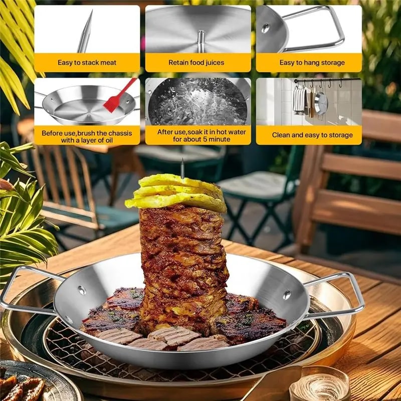 Stainless Steel Al Pastor Grill Pan with Adjustable Skewers, 10 Inch, Silver
