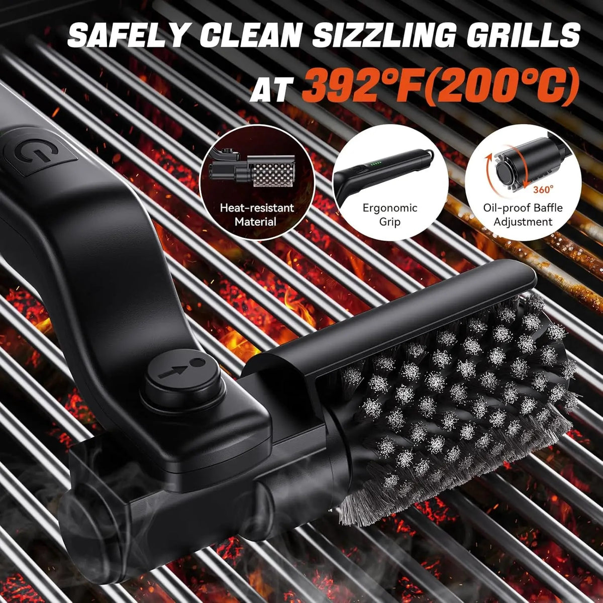 Electric Rotary BBQ Grill Brush with Stainless Steel Head, 3 Speeds and USB-C Charging