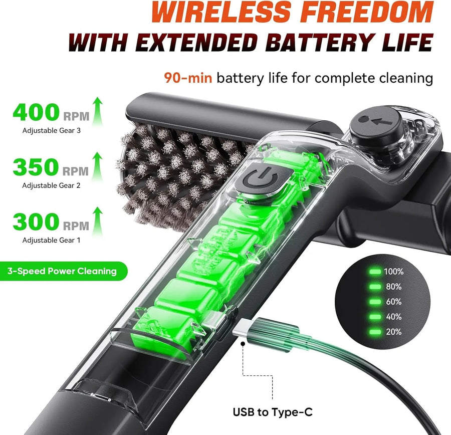 Electric Rotary BBQ Grill Brush with Stainless Steel Head, 3 Speeds and USB-C Charging