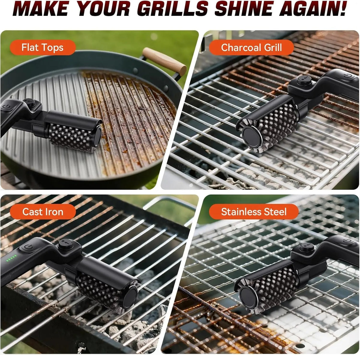 Electric Rotary BBQ Grill Brush with Stainless Steel Head, 3 Speeds and USB-C Charging