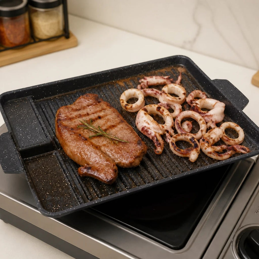 Rectangular Korean Grill Pan with Oil Outlet, Aluminium Coating, 32.8cm