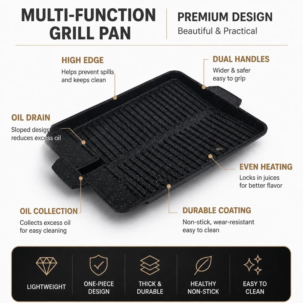 Rectangular Korean Grill Pan with Oil Outlet, Aluminium Coating, 32.8cm