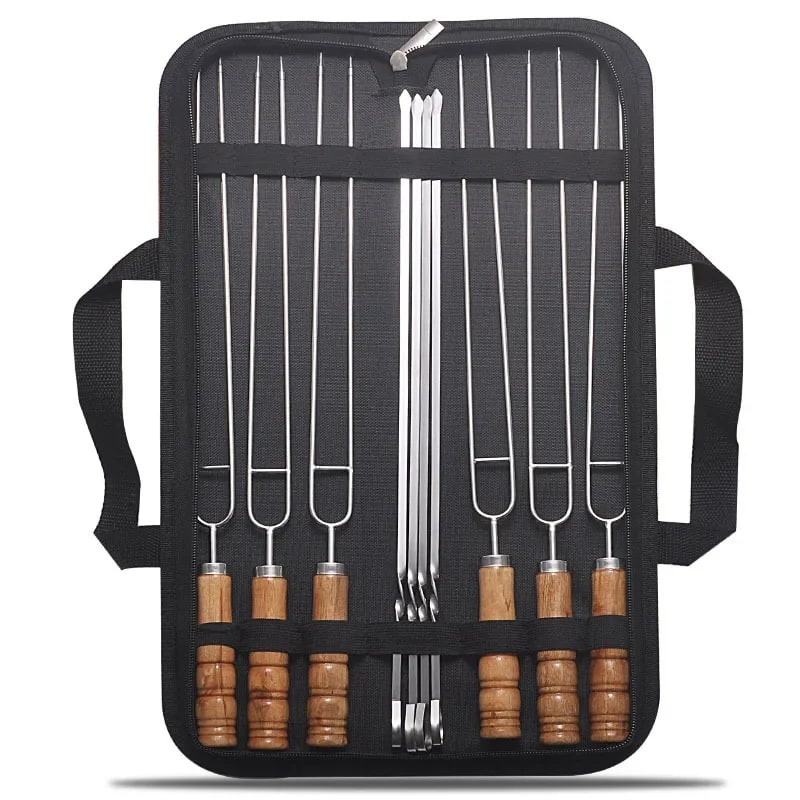 10-Piece Metal BBQ Skewer Set with Wooden Handles and Storage Bag, 40cm and 42cm