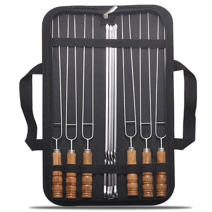 10-Piece Metal BBQ Skewer Set with Wooden Handles and Storage Bag, 40cm and 42cm
