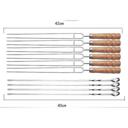 10-Piece Metal BBQ Skewer Set with Wooden Handles and Storage Bag, 40cm and 42cm