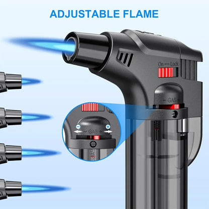 Refillable Butane Torch Lighter with Adjustable Flame, Lock and Fuel Window