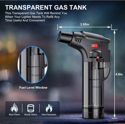 Refillable Butane Torch Lighter with Adjustable Flame, Lock and Fuel Window