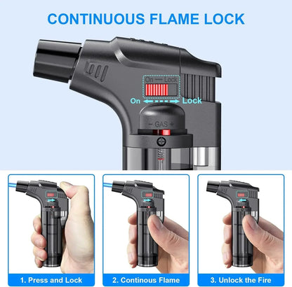Refillable Butane Torch Lighter with Adjustable Flame, Lock and Fuel Window