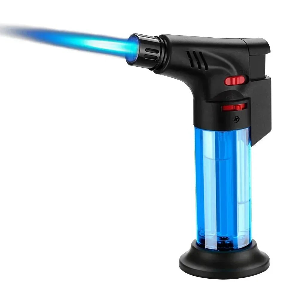 Refillable Butane Torch Lighter with Adjustable Flame, Lock and Fuel Window - Blue - 1 pc