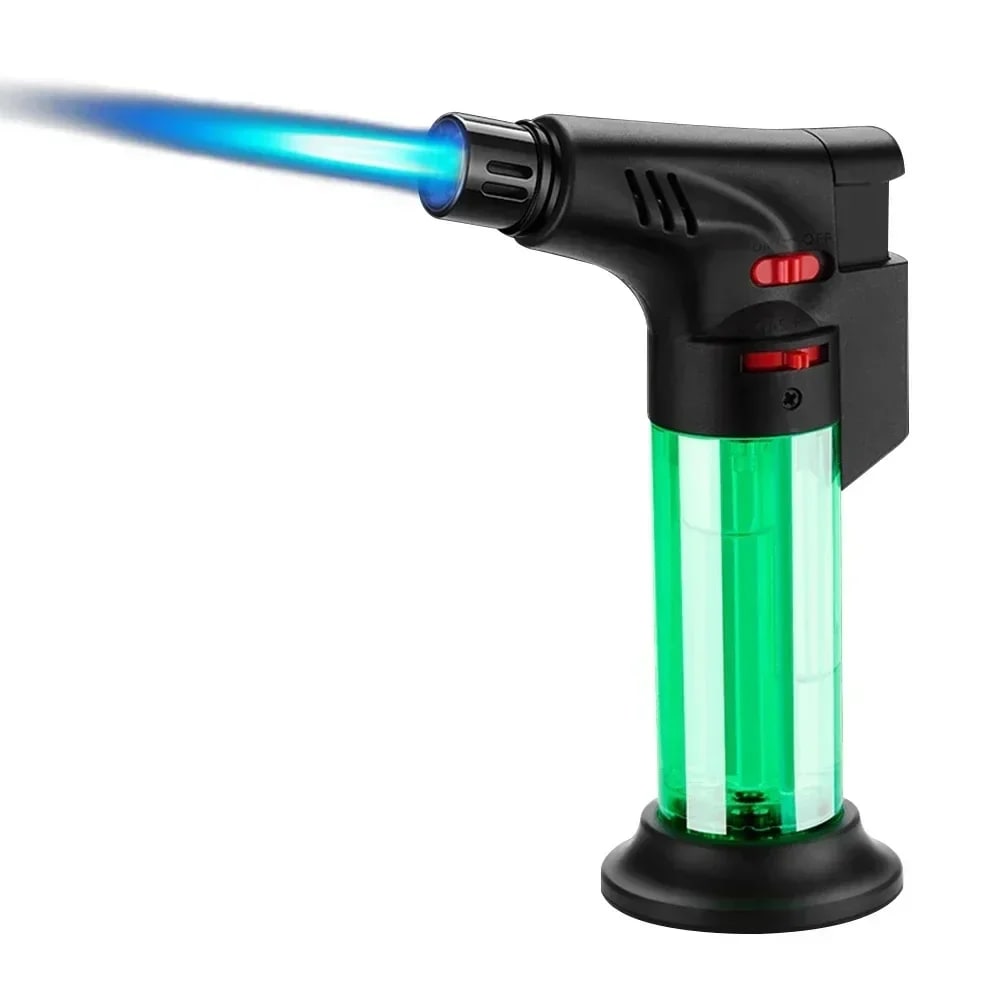 Refillable Butane Torch Lighter with Adjustable Flame, Lock and Fuel Window - Green - 1 pc