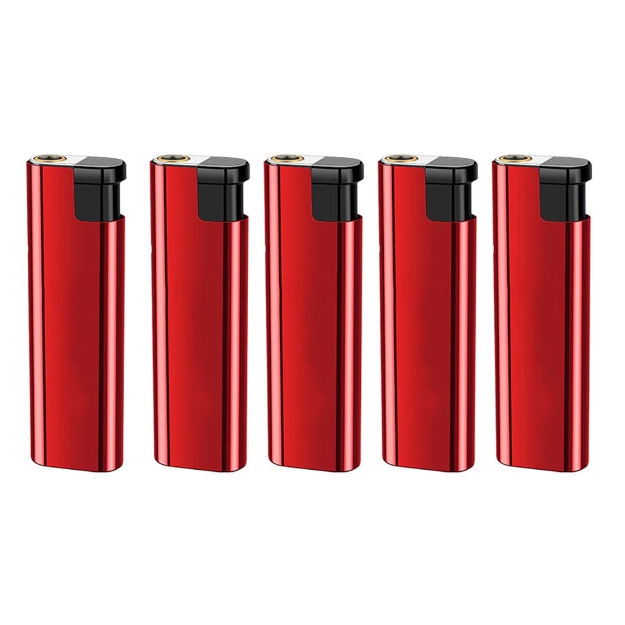 Refillable Butane Torch Lighter with Adjustable Flame, Lock and Fuel Window - Red - 5 pc