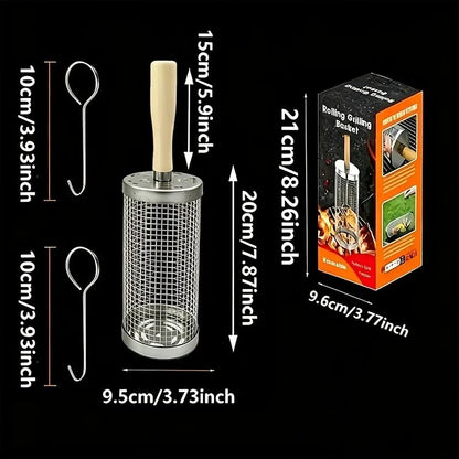 Stainless Steel Rolling BBQ Grill Basket with Wooden Handle, 2 Hooks, 20cm