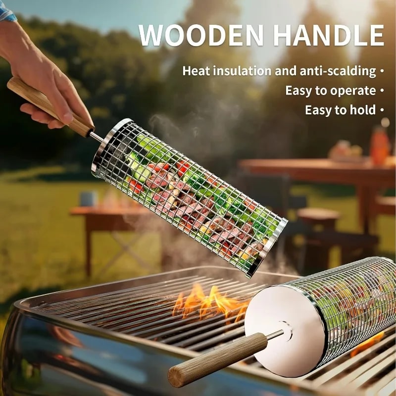 Stainless Steel Rolling BBQ Grill Basket with Wooden Handle, 2 Hooks, 20cm