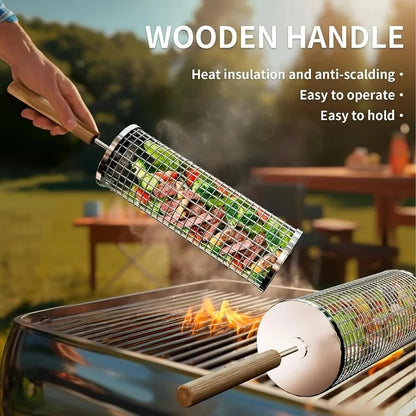 Stainless Steel Rolling BBQ Grill Basket with Wooden Handle, 2 Hooks, 20cm