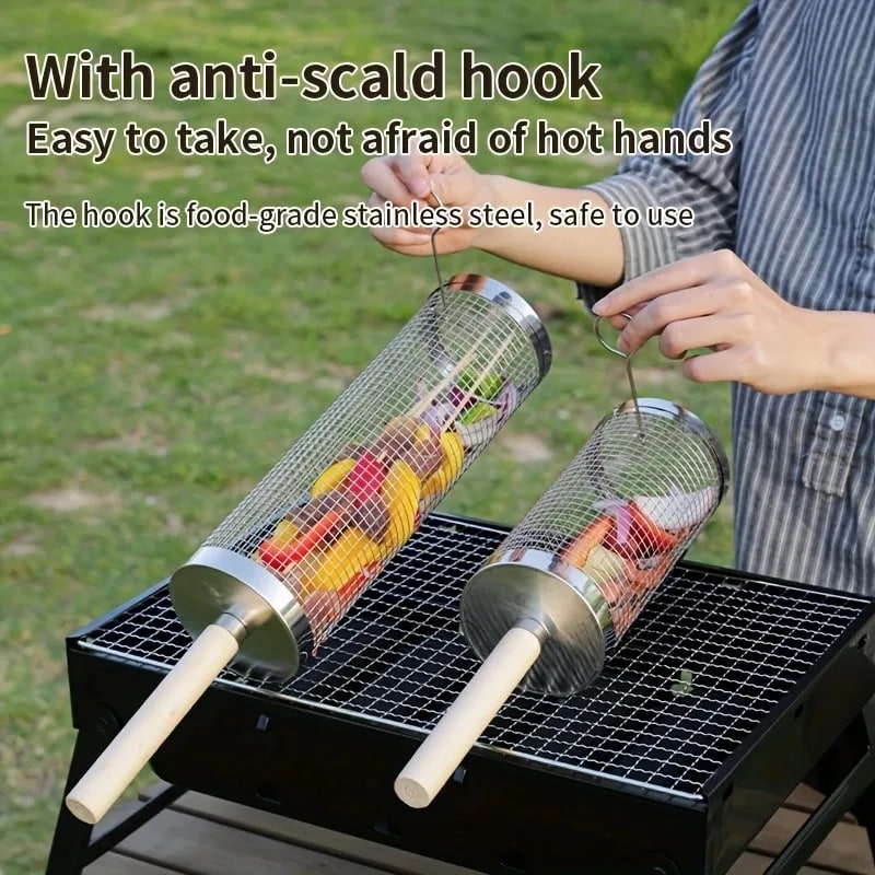 Stainless Steel Rolling BBQ Grill Basket with Wooden Handle, 2 Hooks, 20cm