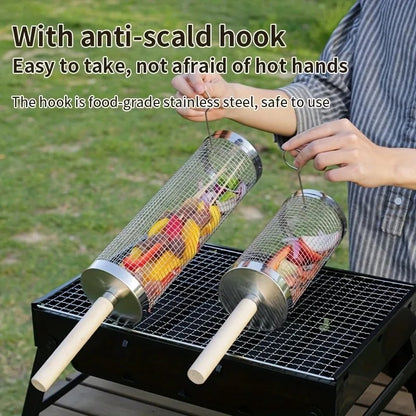 Stainless Steel Rolling BBQ Grill Basket with Wooden Handle, 2 Hooks, 20cm