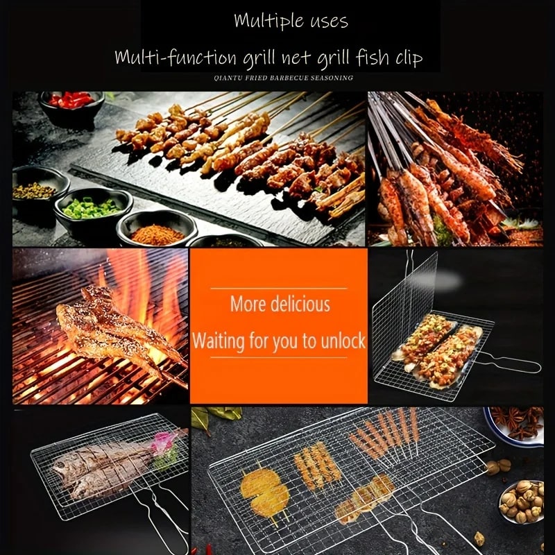 Foldable BBQ Grill Basket with Removable Handle, Chrome-Plated Fish and Vegetable Roaster