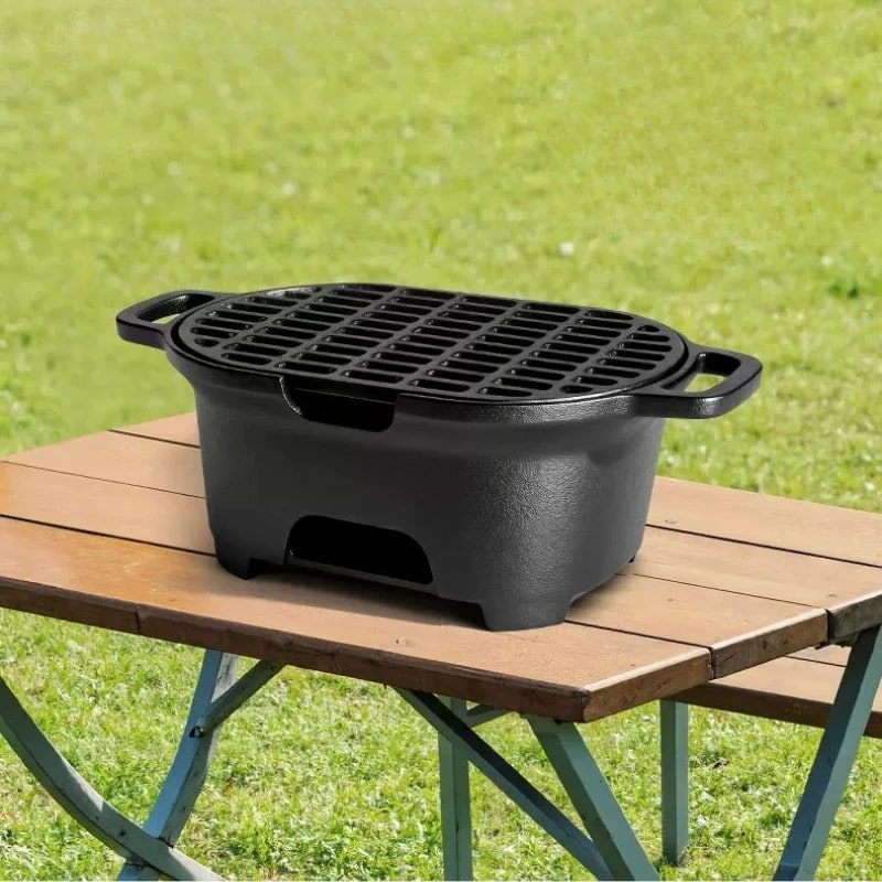Uncoated Cast Iron Charcoal Grill Outdoor Barbecue Stove, Black, 36cm