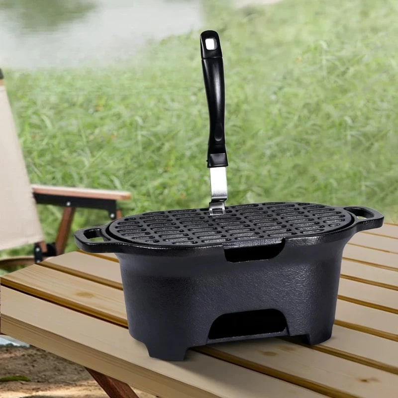 Uncoated Cast Iron Charcoal Grill Outdoor Barbecue Stove, Black, 36cm