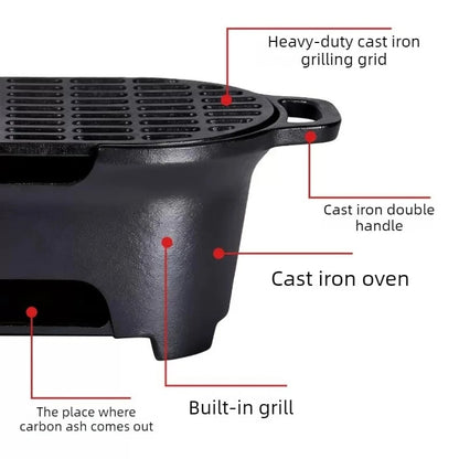 Uncoated Cast Iron Charcoal Grill Outdoor Barbecue Stove, Black, 36cm