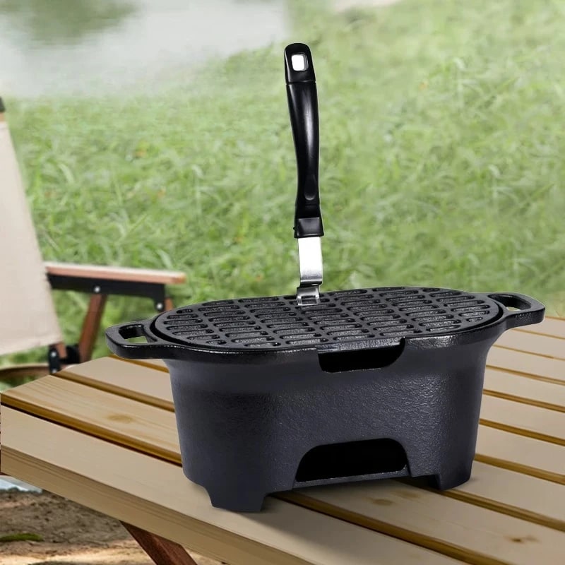Uncoated Cast Iron Charcoal Grill Outdoor Barbecue Stove, Black, 36cm