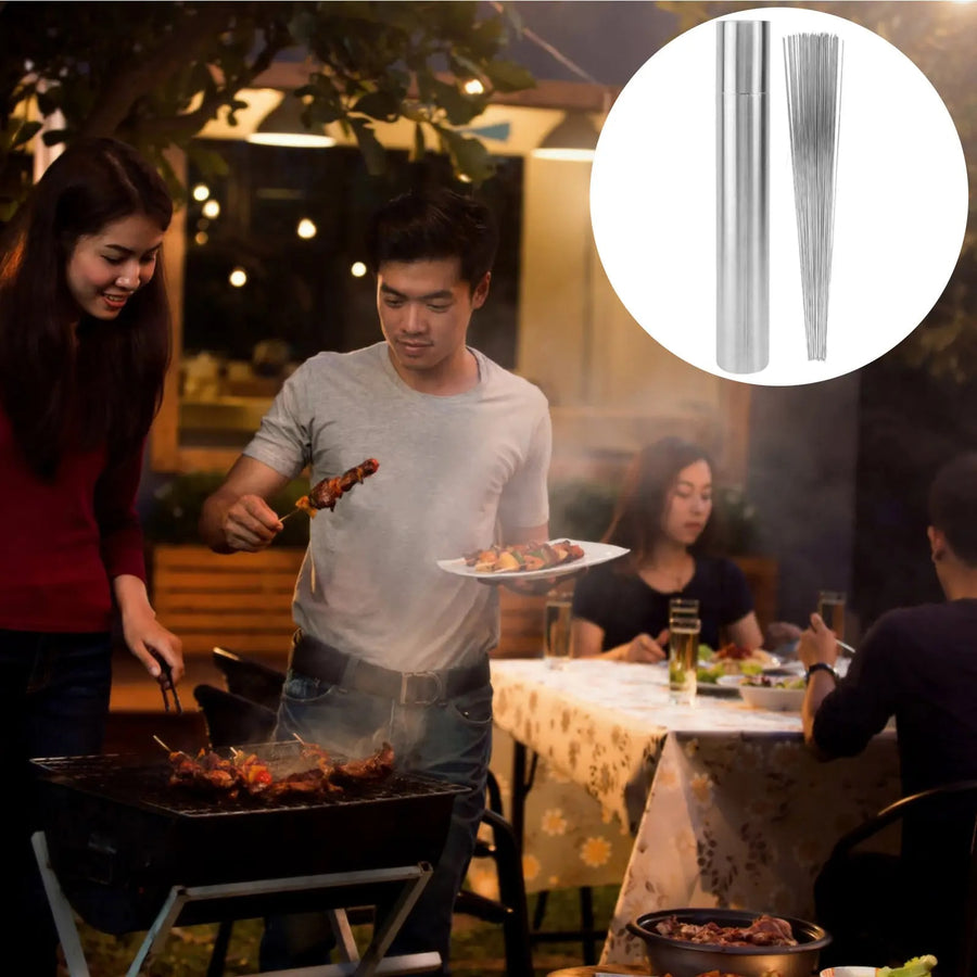 50 Stainless Steel BBQ Skewers, 35cm, with Storage Holder