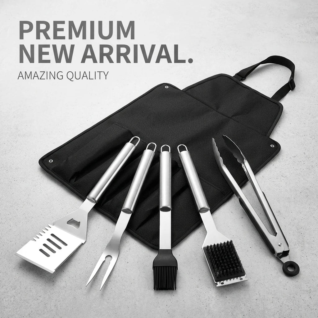 5-Piece CZSAE Stainless Steel BBQ Tool Set with Apron Storage Bag