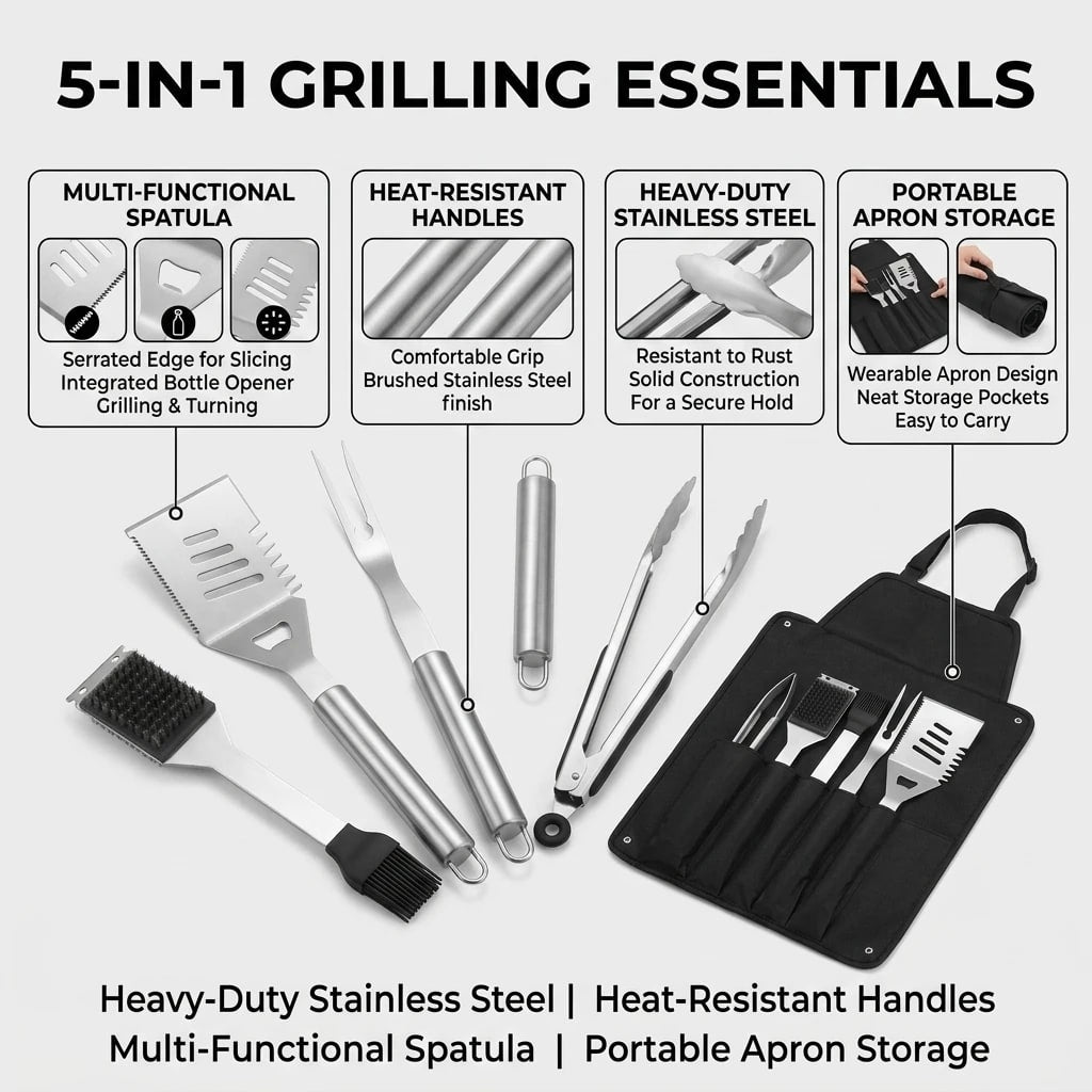 5-Piece CZSAE Stainless Steel BBQ Tool Set with Apron Storage Bag
