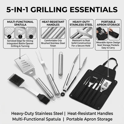 5-Piece CZSAE Stainless Steel BBQ Tool Set with Apron Storage Bag