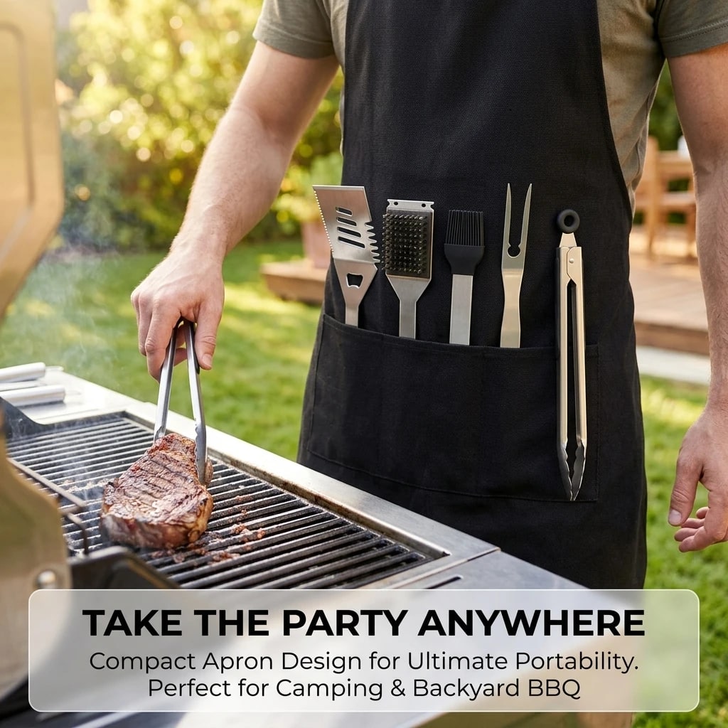 5-Piece CZSAE Stainless Steel BBQ Tool Set with Apron Storage Bag