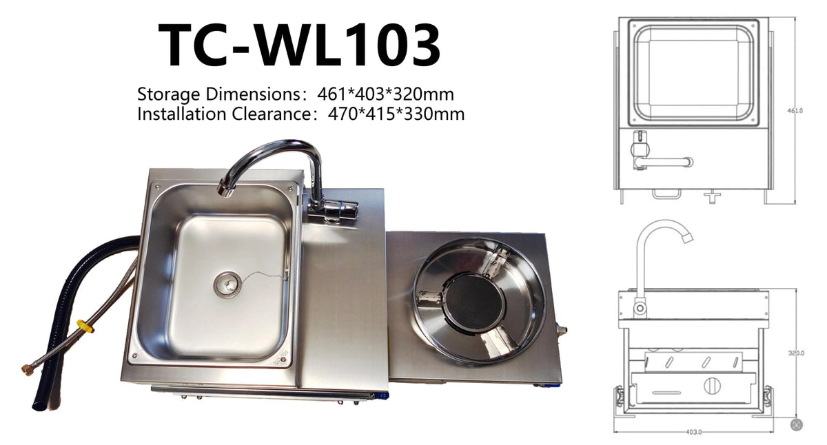 Stainless Steel Pull-Out RV Sink and Gas Stove Kitchen 40 x 46 x 31cm