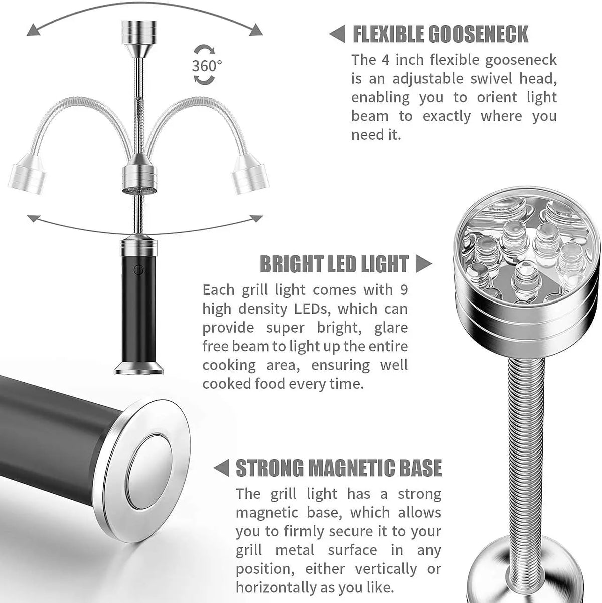 BBQ Grill Light 2-Pack with Magnetic Base, Flexible Neck and 9 LEDs