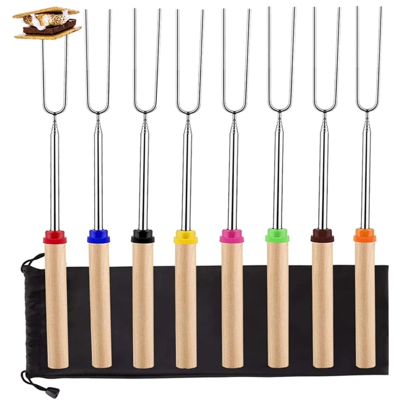 Stainless Steel BBQ Roasting Skewers, 8-Pack, Extendable Forks