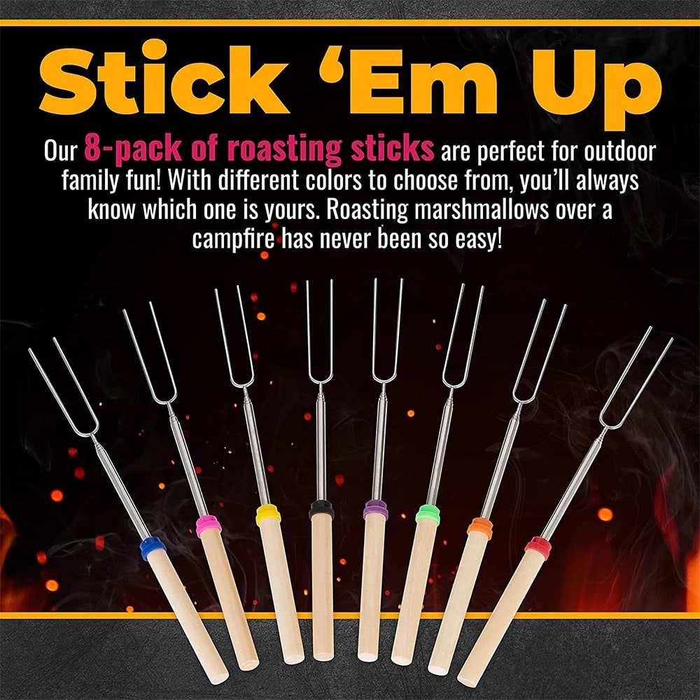 Stainless Steel BBQ Roasting Skewers, 8-Pack, Extendable Forks