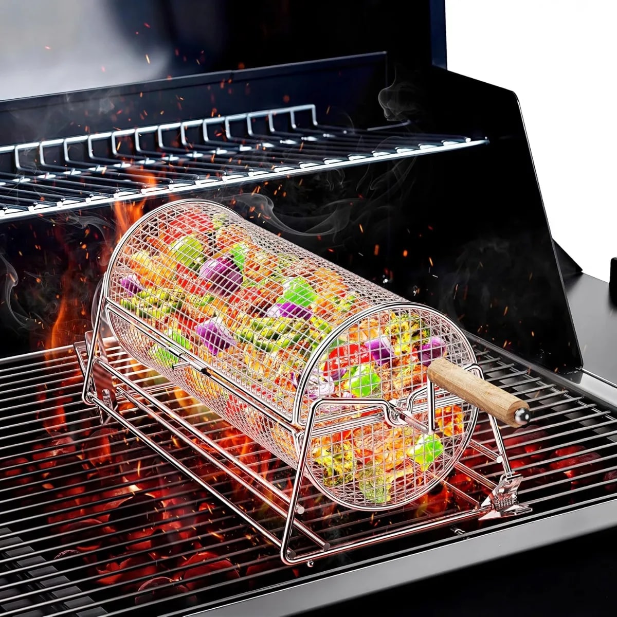 FEB.WIND Stainless Steel Rotating BBQ Roasting Drum with Stand, 32 x 16 x 13 cm