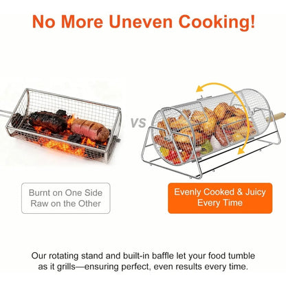 FEB.WIND Stainless Steel Rotating BBQ Roasting Drum with Stand, 32 x 16 x 13 cm