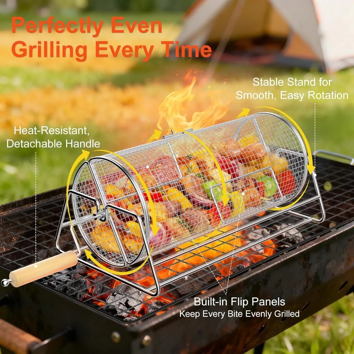 FEB.WIND Stainless Steel Rotating BBQ Roasting Drum with Stand, 32 x 16 x 13 cm