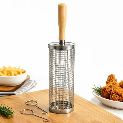 Stainless Steel BBQ Grill Basket Set with Wooden Handle and Hooks, 3 Piece
