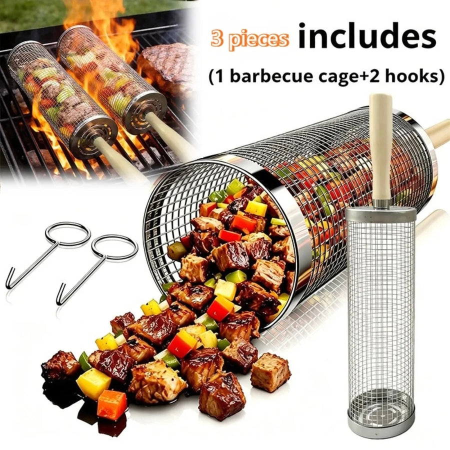 Stainless Steel BBQ Grill Basket Set with Wooden Handle and Hooks, 3 Piece