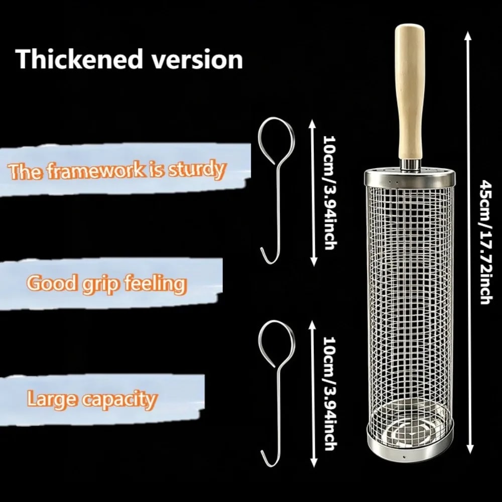 Stainless Steel BBQ Grill Basket Set with Wooden Handle and Hooks, 3 Piece