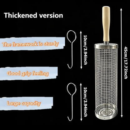 Stainless Steel BBQ Grill Basket Set with Wooden Handle and Hooks, 3 Piece