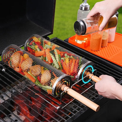 Stainless Steel BBQ Grill Basket Set with Wooden Handle and Hooks, 3 Piece