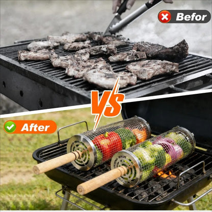 Stainless Steel BBQ Grill Basket Set with Wooden Handle and Hooks, 3 Piece