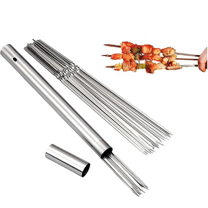 304 Stainless Steel Flat BBQ Skewers, 35cm, 40-Piece Set with Storage Tube