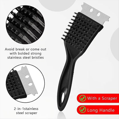 Barbecue Grill Cleaning Brush with Steel Wire Bristles and Scraper, Black, 1/2/3 Pack