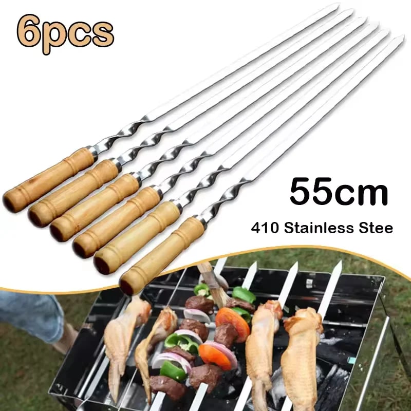 Stainless Steel BBQ Skewers with Wooden Handles, 45cm or 55cm, 6 Piece Set