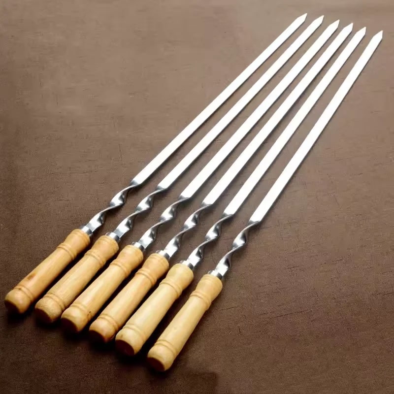 Stainless Steel BBQ Skewers with Wooden Handles, 45cm or 55cm, 6 Piece Set
