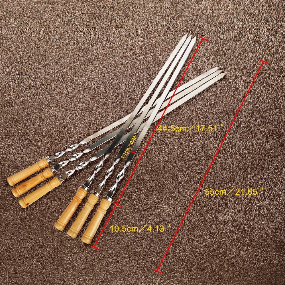 Stainless Steel BBQ Skewers with Wooden Handles, 45cm or 55cm, 6 Piece Set - 55cm-6pcs