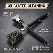 3-Head Stainless Steel BBQ Grill Brush and Scraper with Long PP Handle